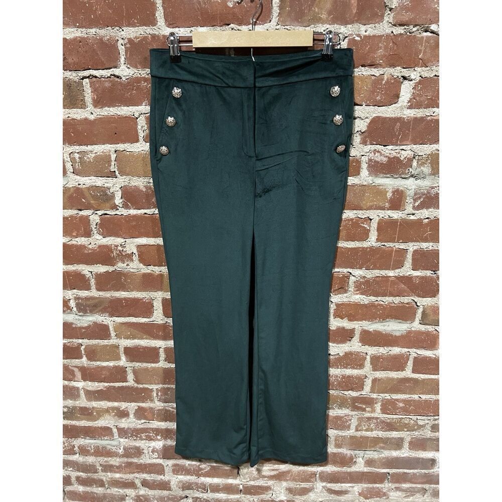 Anthropologie Maison d Amelie Womens Pants 6 Leg Green Velvet Gold Button